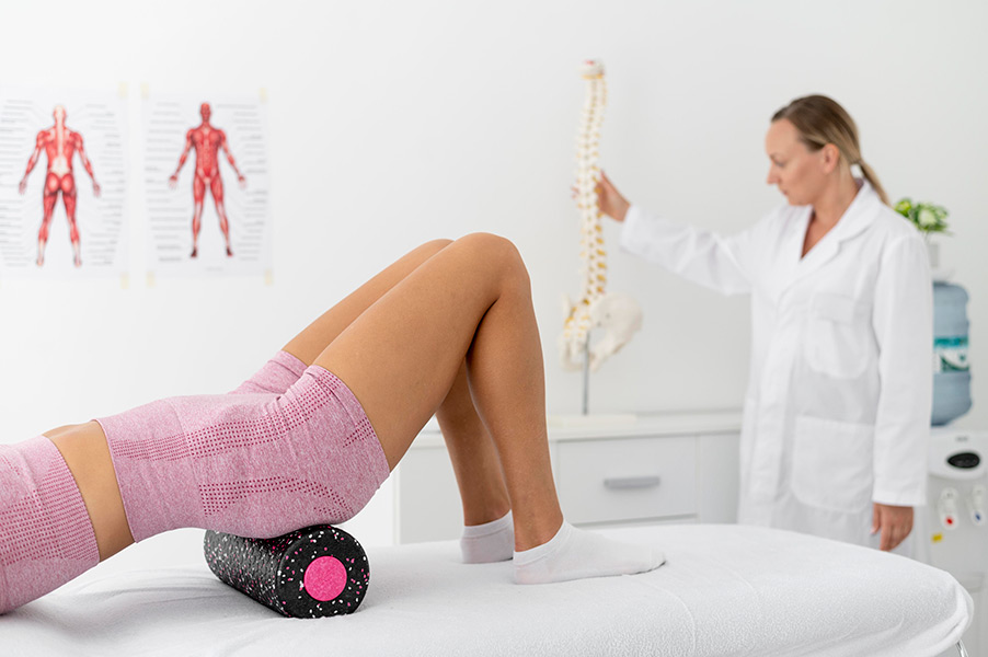 Functional Therapeutics Swfl - A woman is sitting on a bed with a massage roller, engaging in exercise prescription.